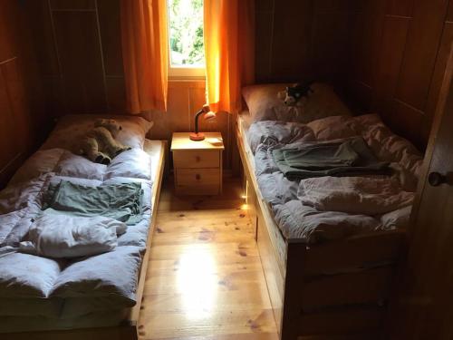 two twin beds in a room with a window at Cozy mountain cottage with terrace in Dolni Lomna in Dolní Lomná