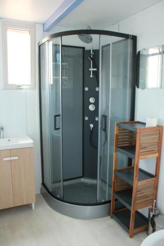 珀蒂蒂勒Les bungalows du chateau d'Ô的浴室里有玻璃门的淋浴间