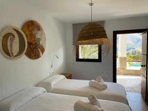 a bedroom with three beds and a large window at Cortijo Tayula-Centro de Recuperación y Descanso in Granada