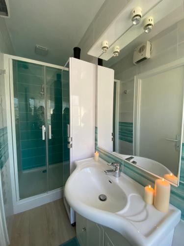 雷以桑布爾的住宿－Bel appartement près de la mer aux Issambres，一间带水槽、淋浴和镜子的浴室