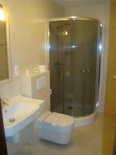 a bathroom with a shower and a toilet and a sink at Restauracja Ambrozja i Pokoje gościnne in Mława