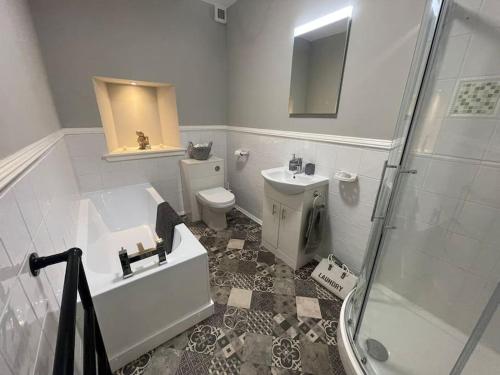 a bathroom with a sink and a toilet and a shower at Newly Renovated Oliver Apartment in Hawick