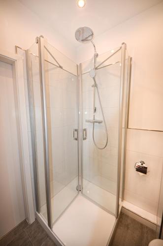 a shower with a glass door in a bathroom at Apartmenthaus Fritz Reuter in Schwerin