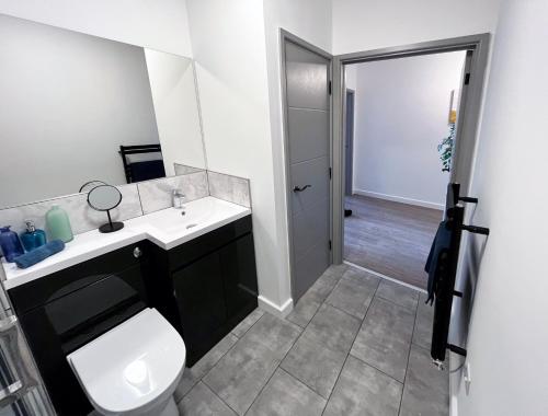 a bathroom with a white toilet and a sink at BL 1 Bedroom Apartment, Town Centre, Secure gated parking option, Modern, fresh and spacious living, Netflix ready TV, Wifi in Wellingborough