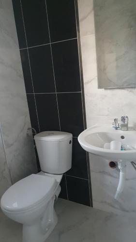 a bathroom with a white toilet and a sink at Capitan Niko Apartments in Burgas City
