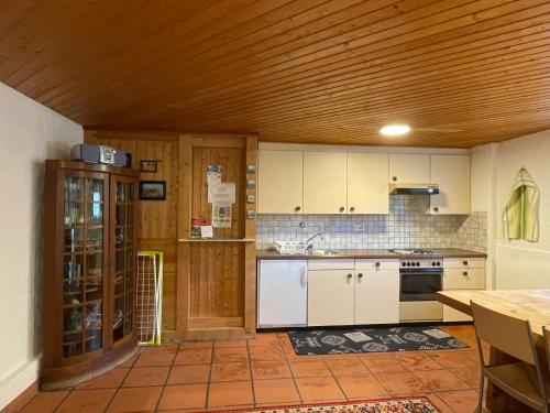Il comprend une cuisine avec des appareils blancs et un plafond en bois. dans l'établissement Casa Acacia con giardino, à Avegno