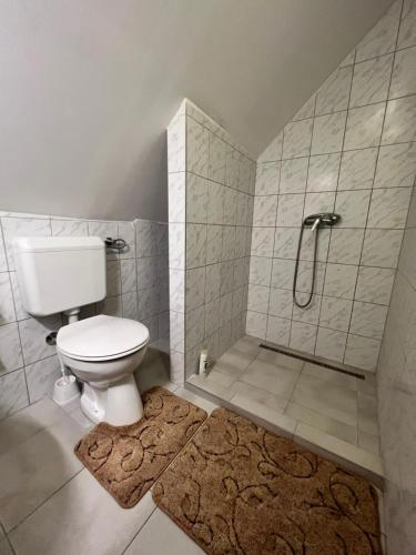 a bathroom with a toilet and a shower with a rug at A Festő Vendégháza / The Painter's Guest House in Zánka