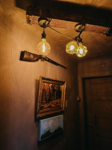 a room with two lights and a picture on the wall at Private Farm Jakuzzi Sauna in the forest in Talsi