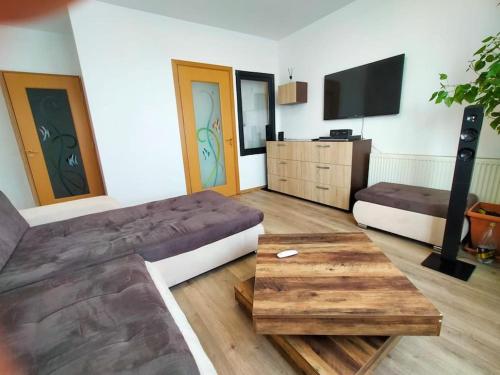 een woonkamer met twee bedden en een tv bij Lake view luxury apartment in Boekarest