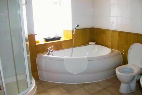 a bathroom with a large tub and a toilet at Authentic Irish Cottage, Rural Ballymascanlon in Ballymascanlan