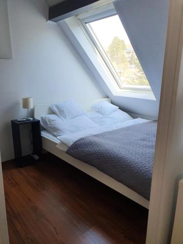 a bed in a room with a window at Zöld Relax Apartments in Budakeszi