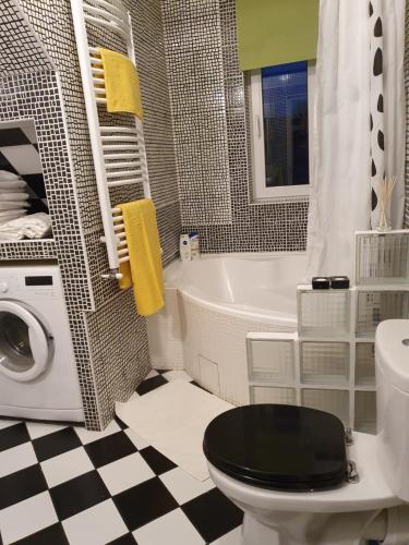a bathroom with a toilet and a tub and a sink at Zöld Relax Apartments in Budakeszi