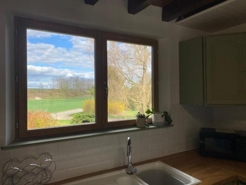 Auchonvillers的住宿－Les Galets，厨房水槽和享有庭院景致的窗户