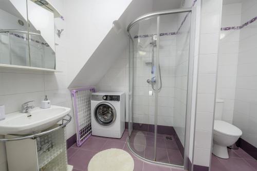 y baño con lavadora y lavamanos. en Zofija, en Birštonas