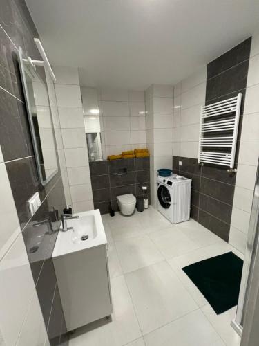 a bathroom with a sink and a washing machine at Apartament Letnia 28 in Kłodzko