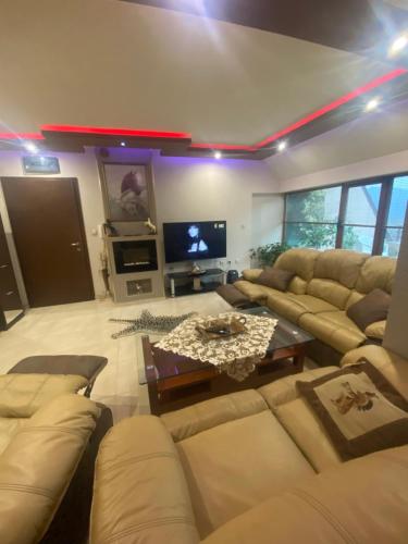 a living room with a couch and a table at Мезонет “Djanina” in Sandanski