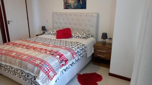 a bedroom with a bed with a red pillow on it at Mi casa es tu casa ! in Santa Cruz de la Sierra