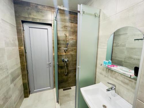 a bathroom with a shower and a sink and a mirror at General guesthouse in Yerevan