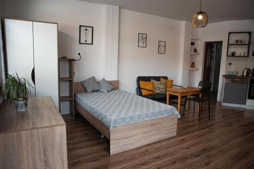 1 dormitorio con 1 cama, mesa y sillas en Studio Panagyurishte, en Panagyurishte