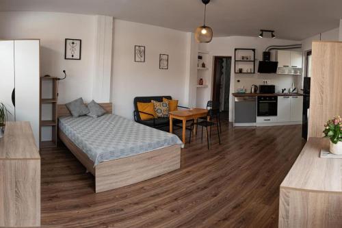 1 dormitorio con 1 cama y cocina con mesa en Studio Panagyurishte, en Panagyurishte