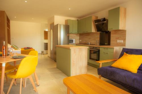 une cuisine et un salon avec un canapé et une table dans l'établissement Magnifique appartement de type loft en front de mer avec vue, parking et WiFi, à Argelès-sur-Mer