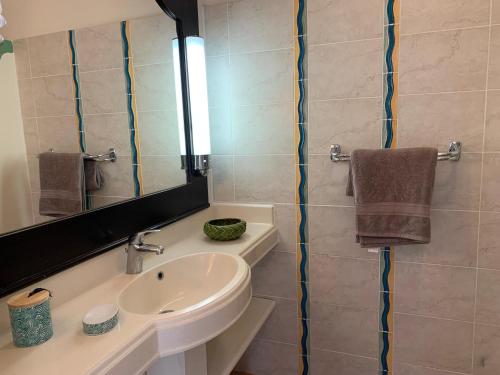 uma casa de banho com um lavatório e um espelho em T3 LES PIEDS DANS L'EAU à ST ANNE em Sainte-Anne