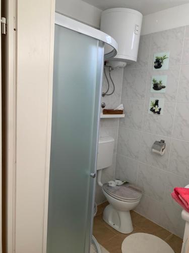 uma casa de banho com um WC e uma cabina de duche. em Apartman Heidi 4 Sterne em Punat