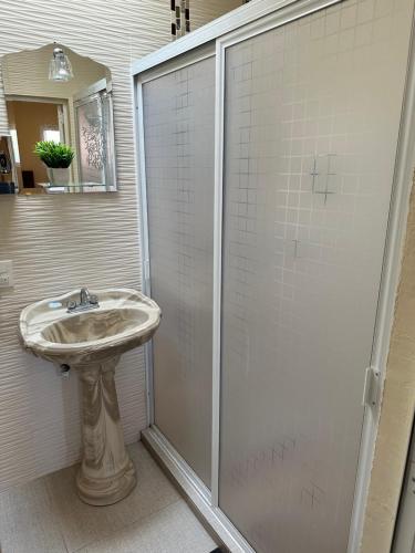 a bathroom with a sink and a shower at Departamento en Tequila María Concepción in Tequila