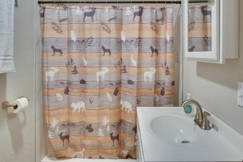 baño con cortina de ducha y lavamanos en Cozy Soldotna Vacation Rental Near Kenai River!, en Soldotna