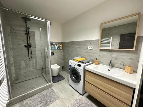 a bathroom with a washing machine and a sink at Apartmán Pantáreň in Stará Bystrica