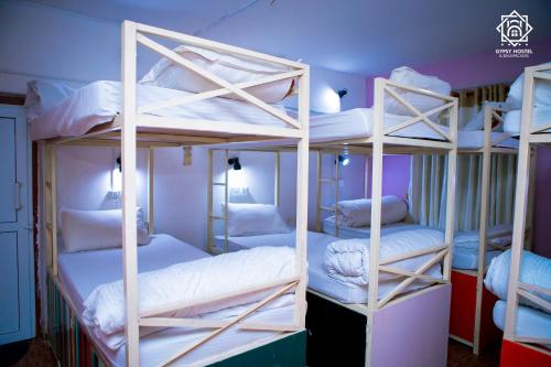 four bunk beds in a room with purple walls at Gypsy Hostel & Backpackers in Pokhara