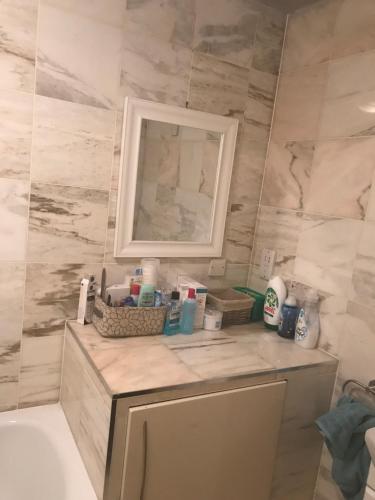 Wood Chalet 1 Monaco Forest La Turbie - Sleeps 4 people في لا توربي: حمام مزود بحوض ومِرآة