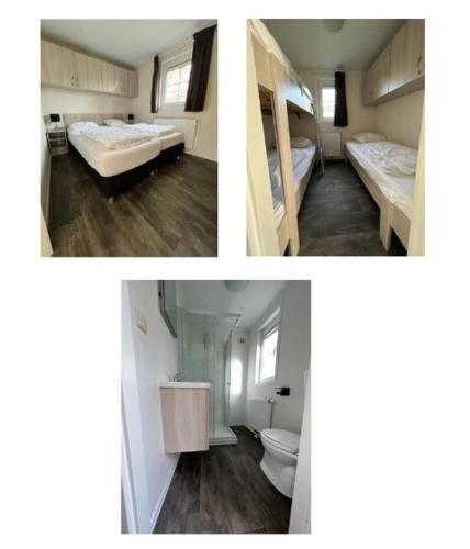 2 immagini di una camera con 2 letti e servizi igienici di Chalet Seebrise a Lathum