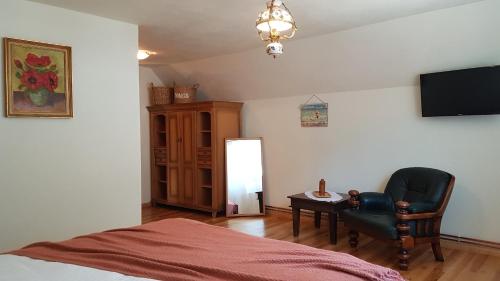a bedroom with a bed and a chair and a mirror at Șura lu' Vasile. in Crivina