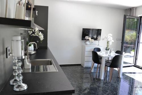 a kitchen with a black counter and a table with chairs at Apartmany u Polanských in Bulhary
