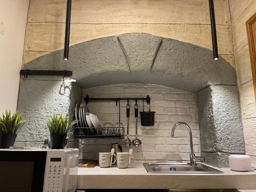 a kitchen with a sink and a brick wall at Home Porta Di Castro in Palermo
