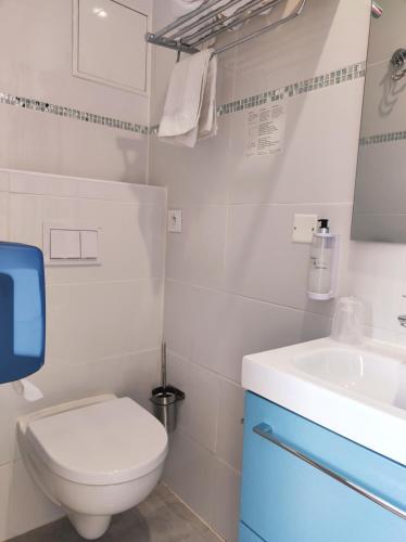 a white bathroom with a toilet and a sink at Auberge du Bon Vivant in Argelès-sur-Mer