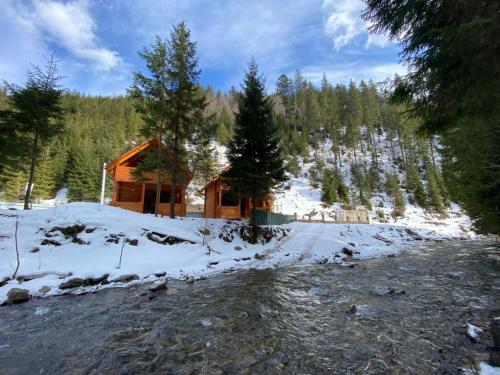 ein Blockhaus im Schnee neben einem Fluss in der Unterkunft Під озером Синевир in Synewyrska Poljana