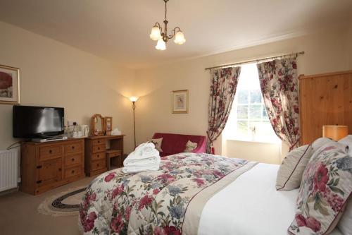 a bedroom with a bed and a tv in it at Dunster Mill House in Dunster