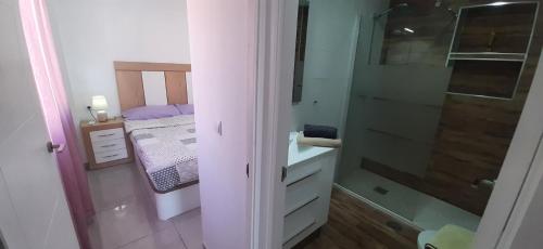 baño pequeño con ducha y cama en Apartamento La Puntica, en San Pedro del Pinatar