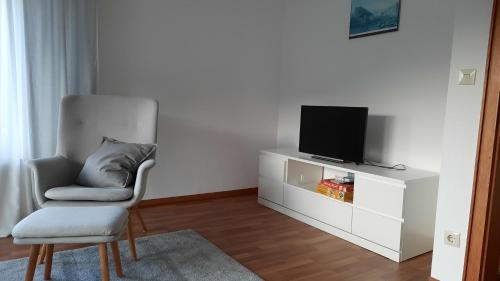 a living room with a chair and a television at Pension Schneider in Cochem