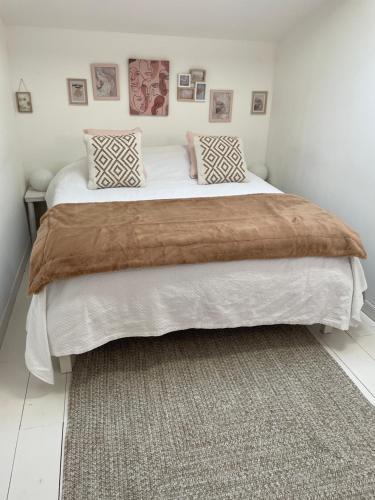Le Petit Chai Fronsadais في Saint-Michel-de-Fronsac: غرفة نوم بسرير كبير مع بطانية بنية اللون