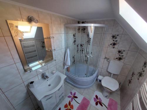 an overhead view of a bathroom with a shower and a sink at Casa Bucium in Bucium
