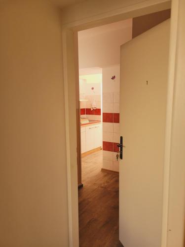 an open door to a kitchen in a room at Apartmány Brno in Brno
