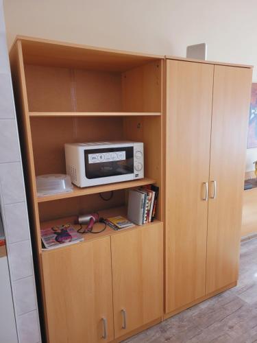 a cabinet with a microwave and a radio in it at Apartmány Brno in Brno