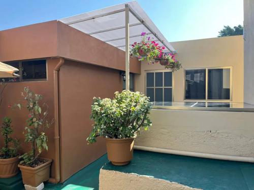 a house with potted plants on the balcony at Hotel Don Nino in Oaxaca City