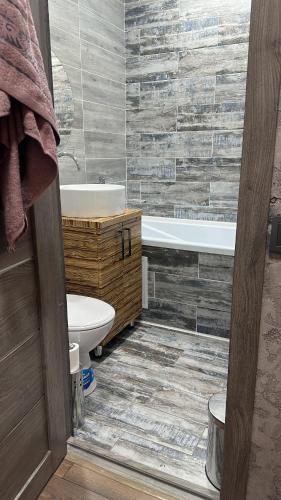 Комфортабельная однокомнатная квартира في بالخاش: حمام مع حوض ومرحاض ومغسلة