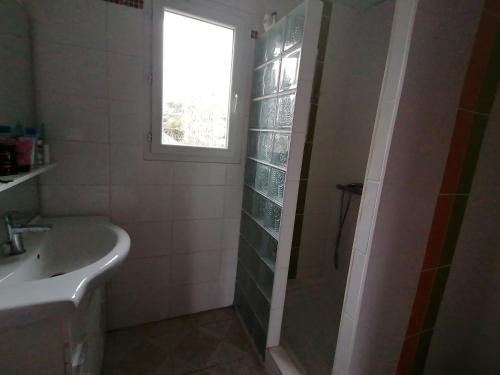 ein Bad mit einem Waschbecken und einer Dusche mit einem Fenster in der Unterkunft Le Tavan in Crillon-le-Brave