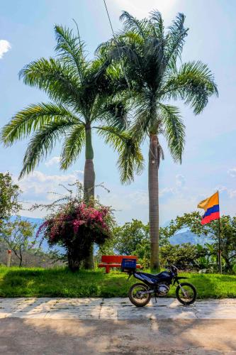 a motorcycle parked in front of two palm trees at La Hacienda in San Gil
