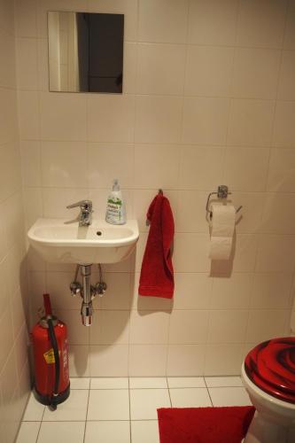 a bathroom with a sink and a red towel at Modernes Studio-Apartment nahe Zentrum mit Garagenplatz in Vienna